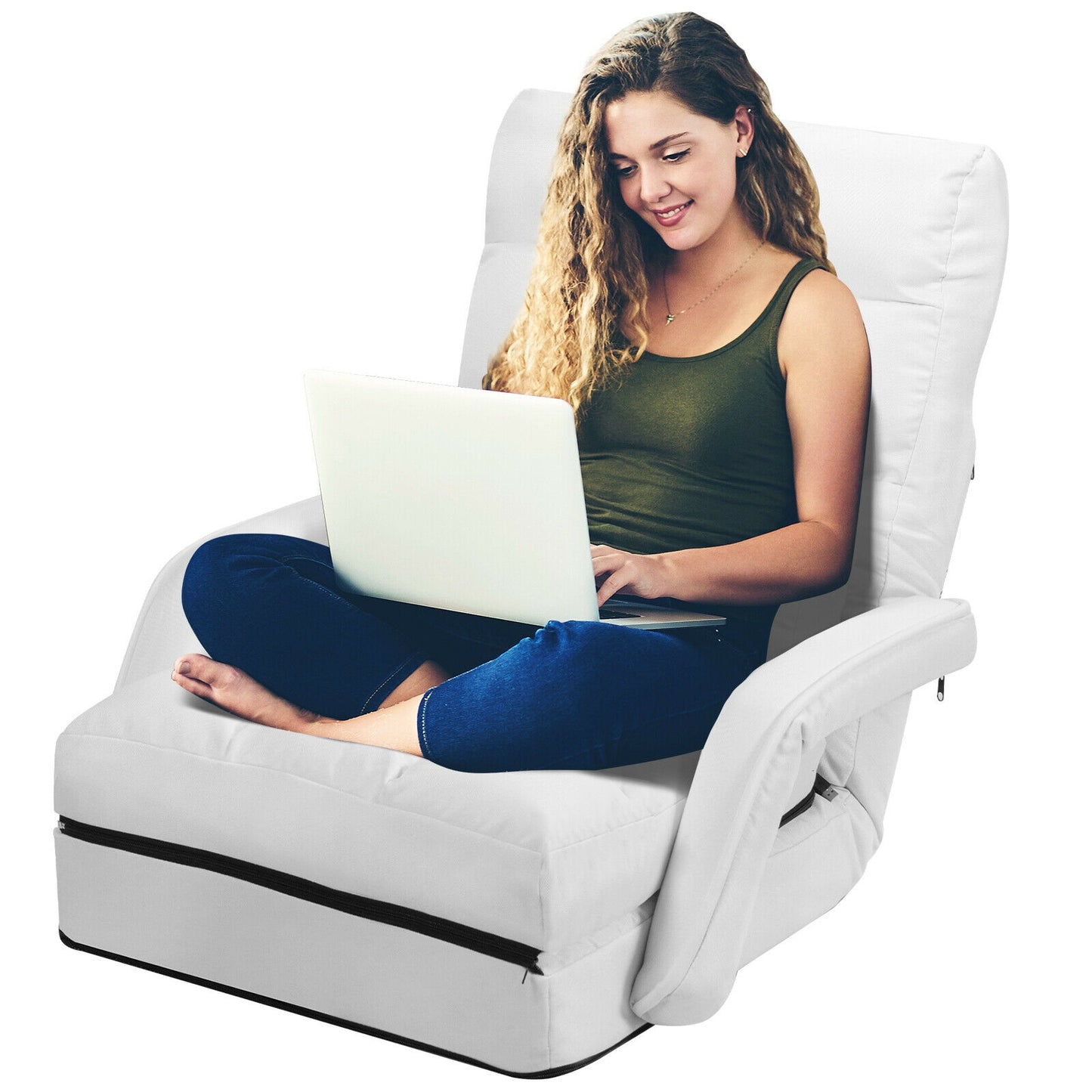 Folding Lazy Floor Chair Sofa with Armrests and Pillow-White