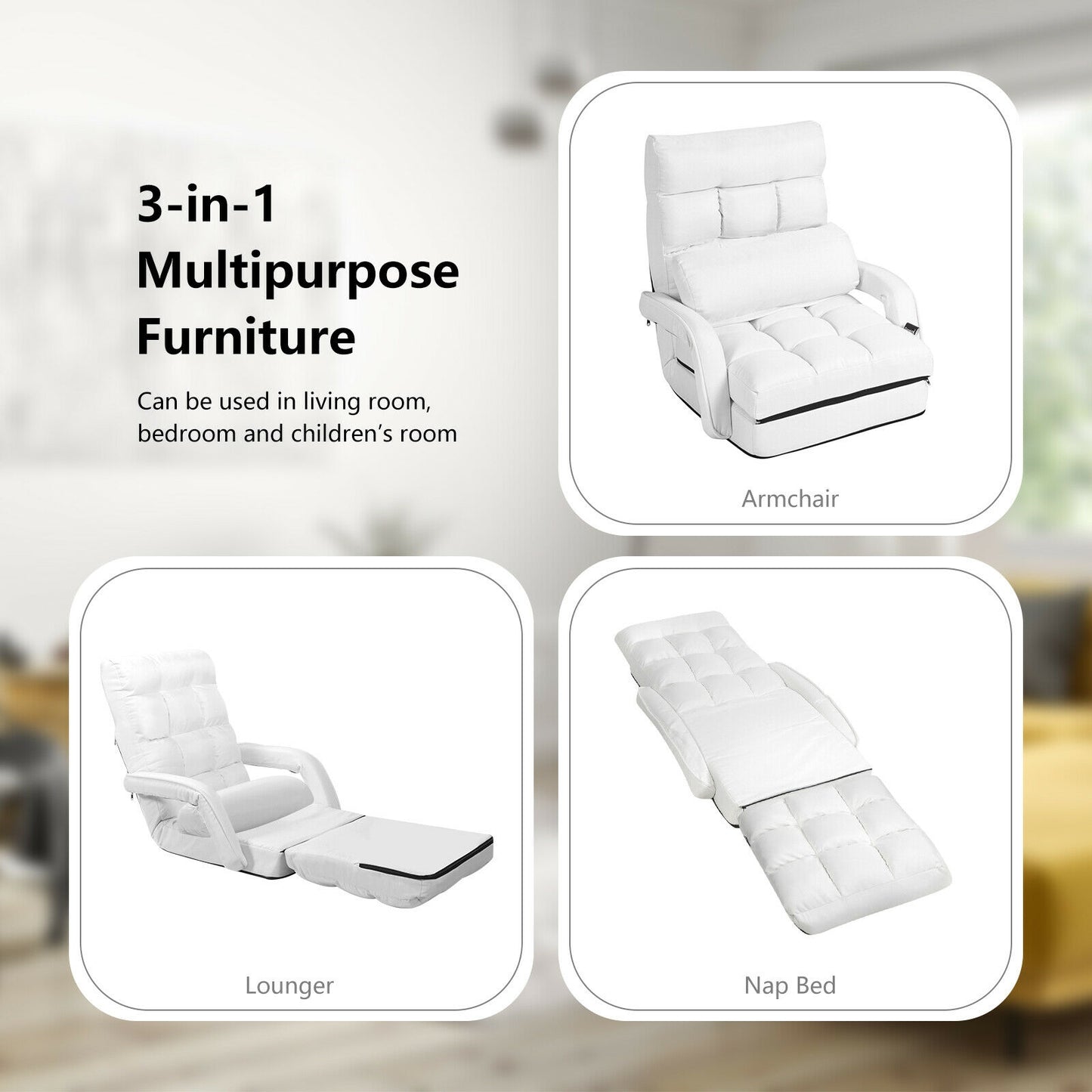 Folding Lazy Floor Chair Sofa with Armrests and Pillow-White