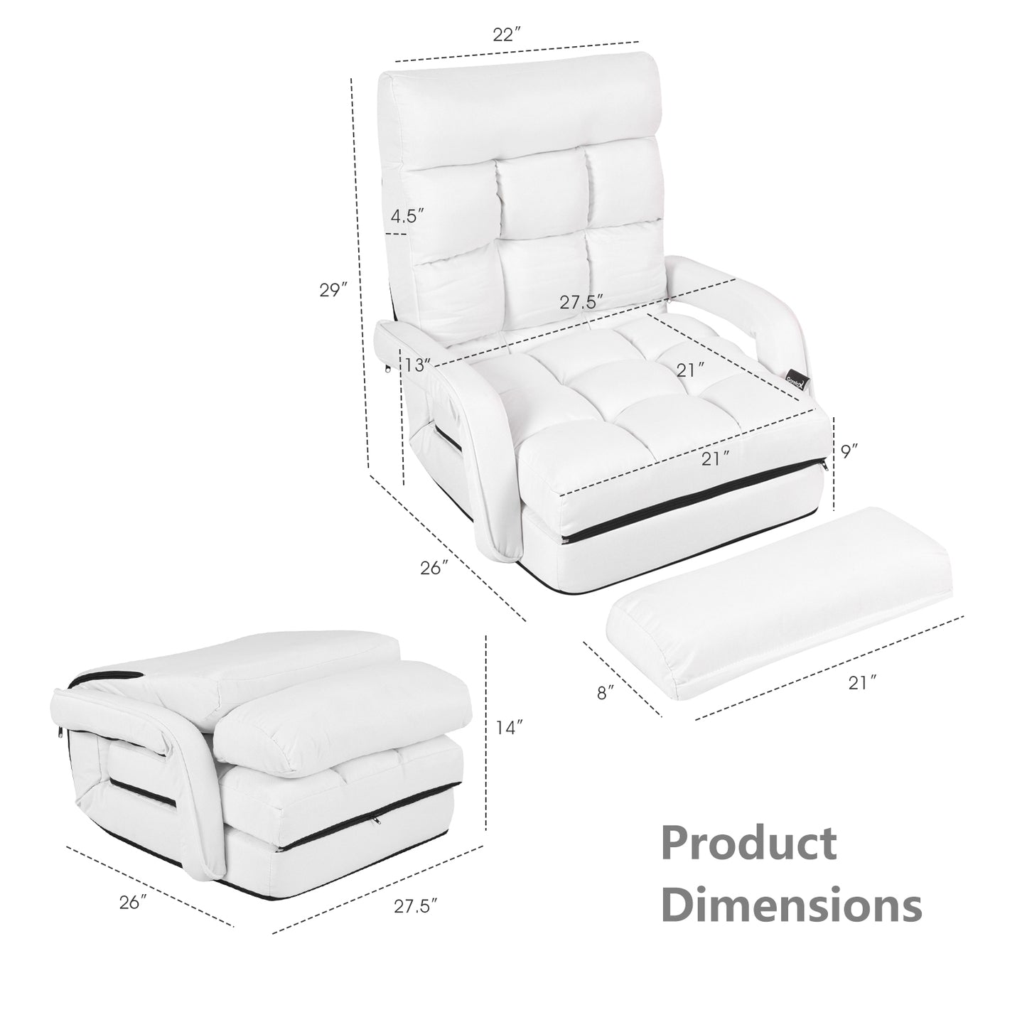 Folding Lazy Floor Chair Sofa with Armrests and Pillow-White