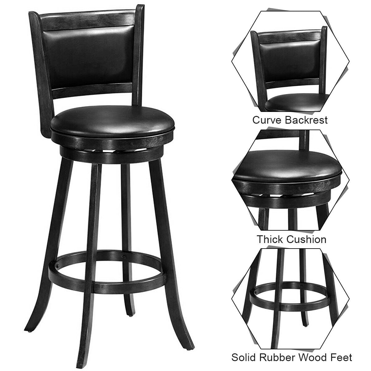 Set of 2, 29 Inch Swivel Bar Height Stool Wood Dining Chair Barstool-Black (Fully Assembled)