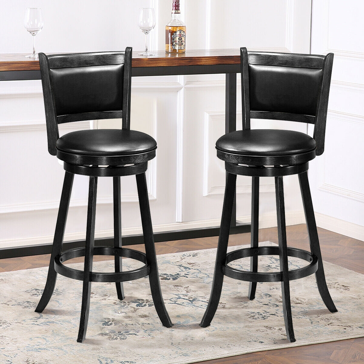 Set of 2, 29 Inch Swivel Bar Height Stool Wood Dining Chair Barstool-Black (Fully Assembled)