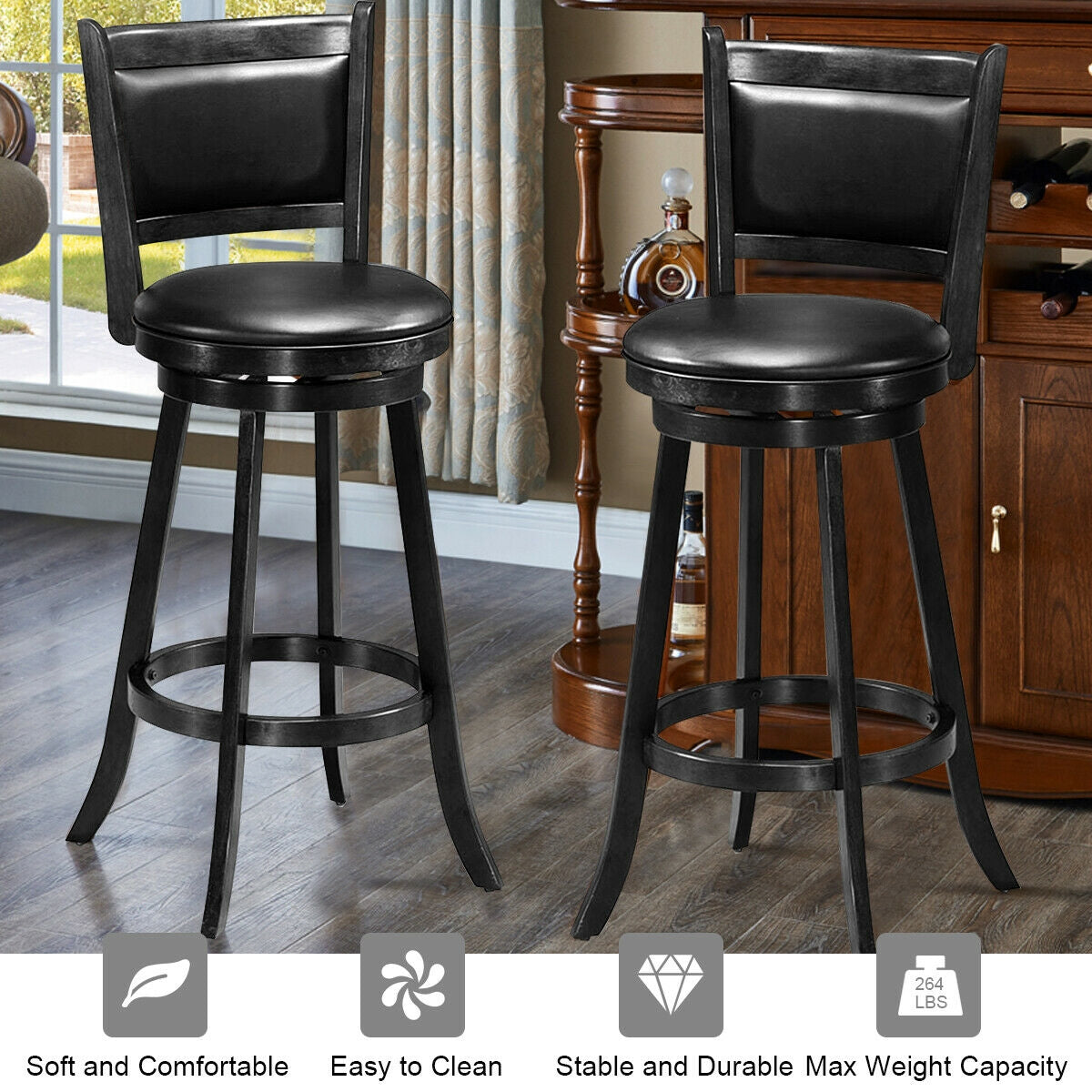 Set of 2, 29 Inch Swivel Bar Height Stool Wood Dining Chair Barstool-Black (Fully Assembled)