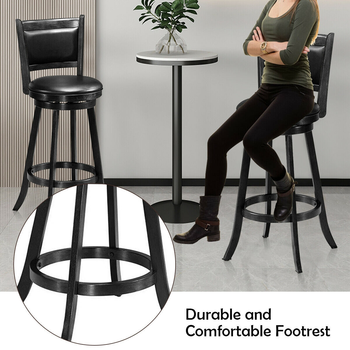 Set of 2, 29 Inch Swivel Bar Height Stool Wood Dining Chair Barstool-Black (Fully Assembled)