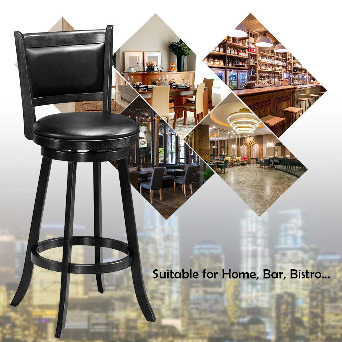 Set of 2, 29 Inch Swivel Bar Height Stool Wood Dining Chair Barstool-Black (Fully Assembled)