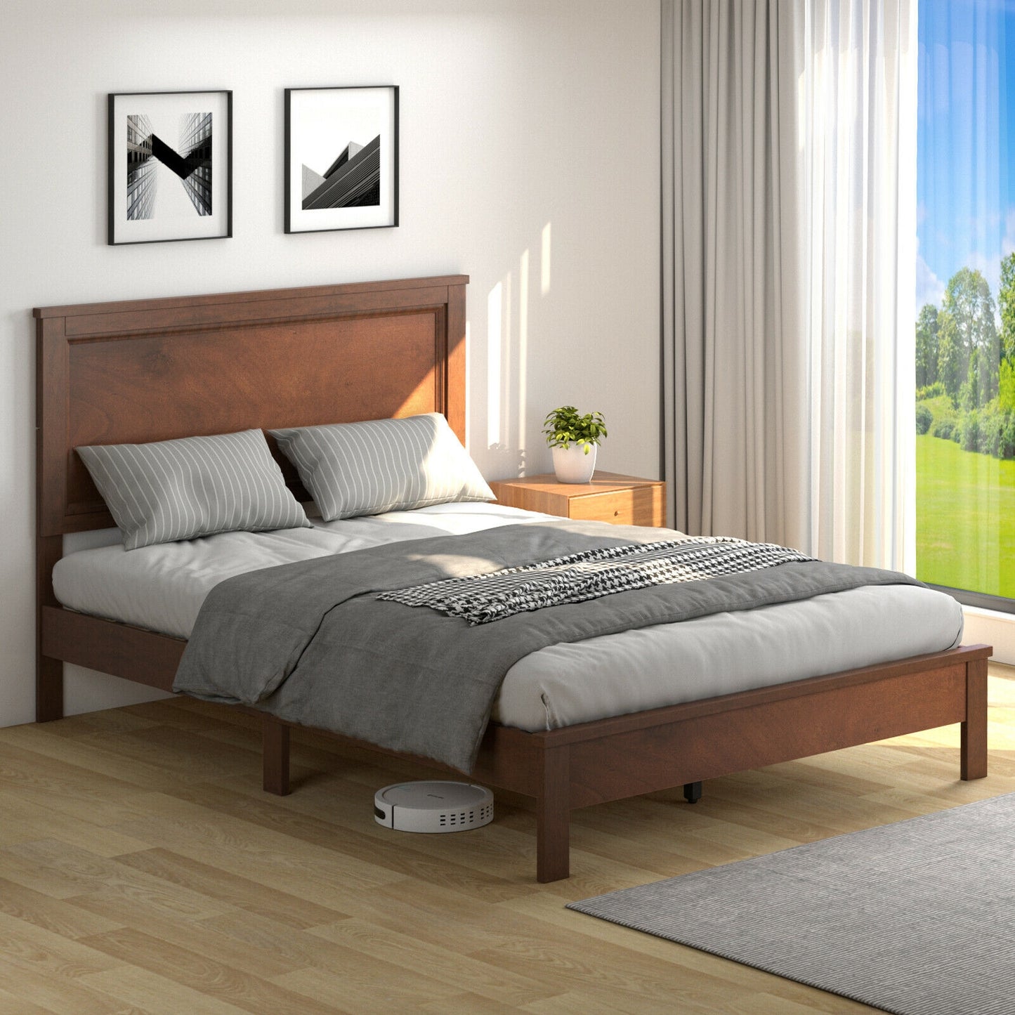 SPECIAL, Queen Size Platform Slat Bed Frame with High Headboard-Walnut, 1 Box