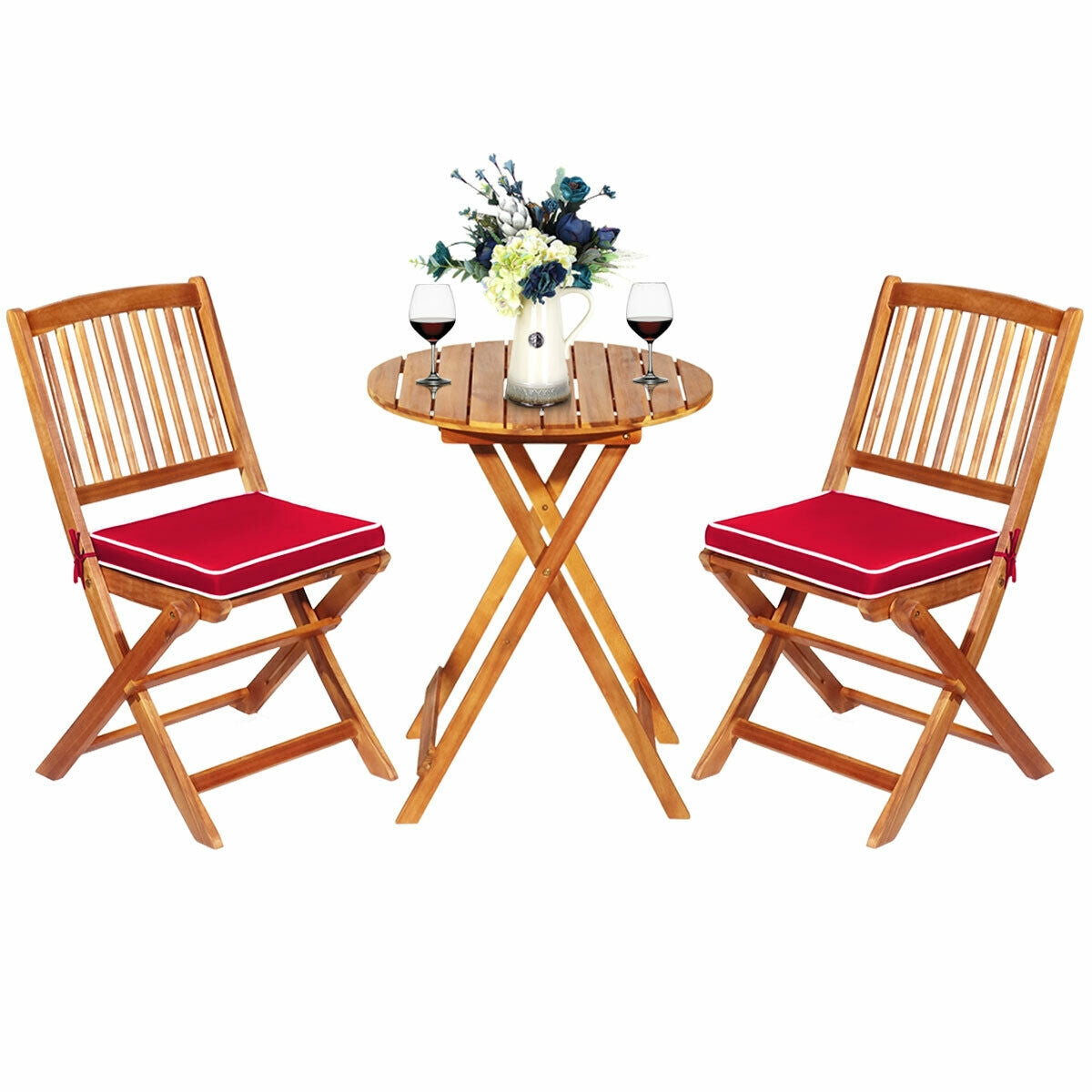 3 Pieces Patio Folding Wooden Bistro Set Cushioned Chair-Red (Scratch and Dent)