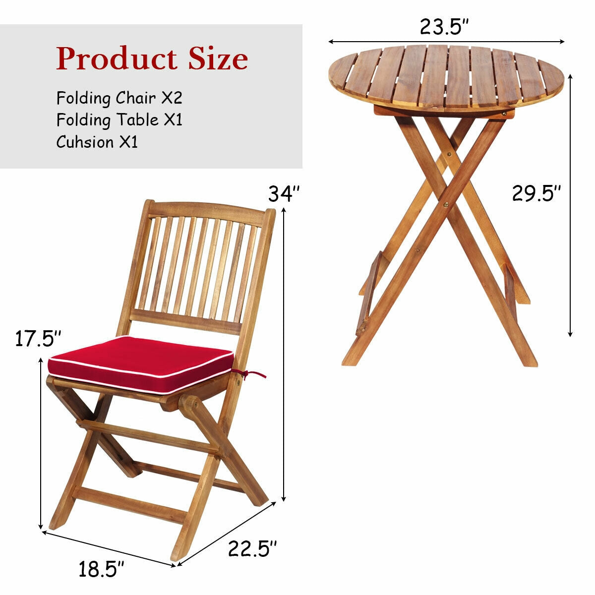 3 Pieces Patio Folding Wooden Bistro Set Cushioned Chair-Red (Scratch and Dent)