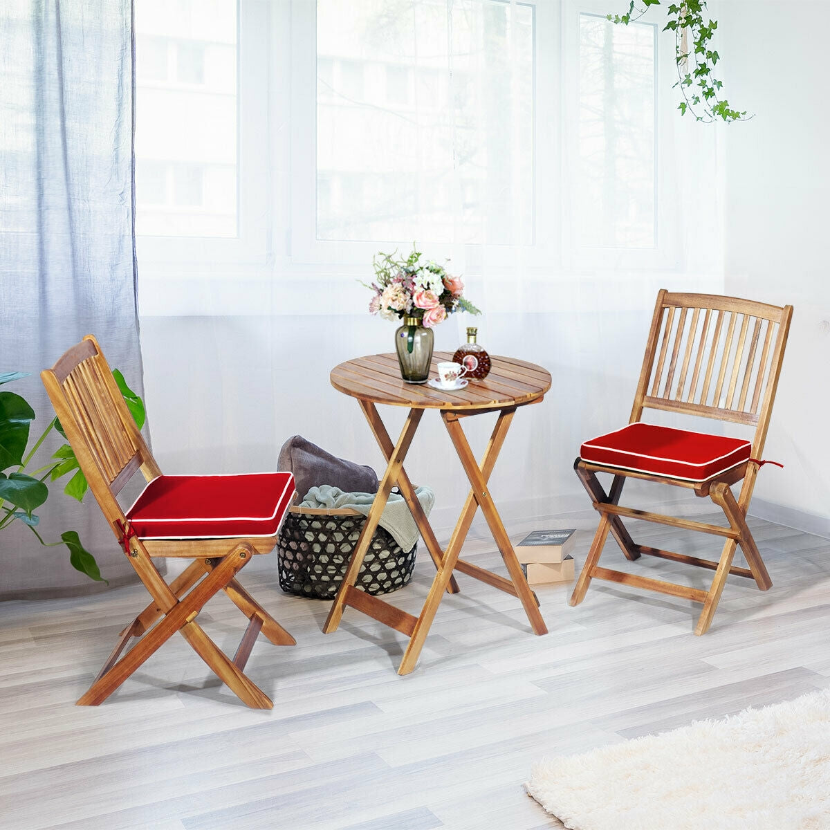 3 Pieces Patio Folding Wooden Bistro Set Cushioned Chair-Red (Scratch and Dent)