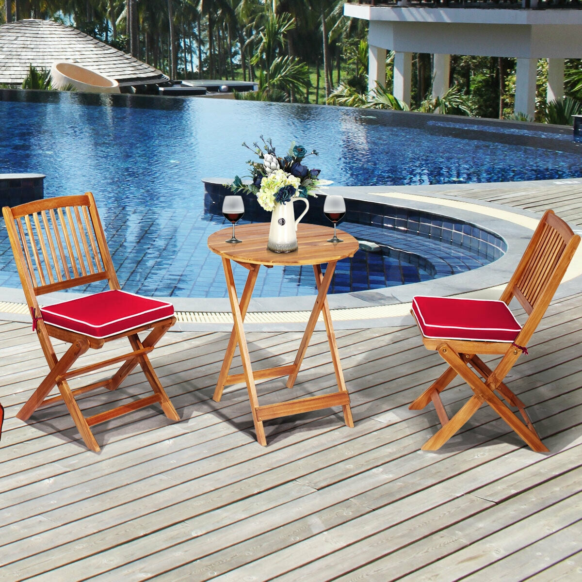3 Pieces Patio Folding Wooden Bistro Set Cushioned Chair-Red (Scratch and Dent)