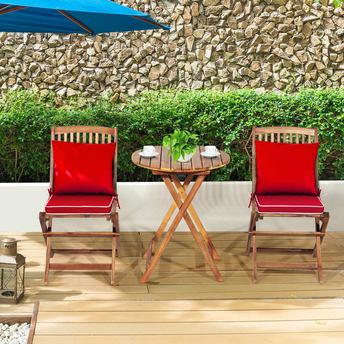 3 Pieces Patio Folding Wooden Bistro Set Cushioned Chair-Red (Scratch and Dent)