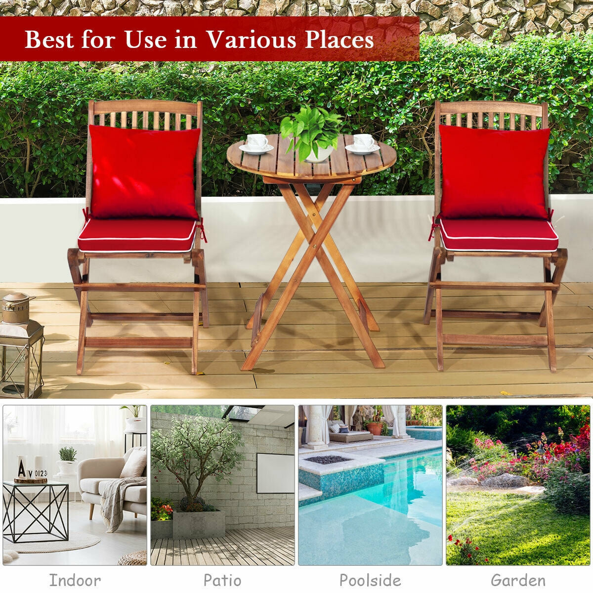 3 Pieces Patio Folding Wooden Bistro Set Cushioned Chair-Red (Scratch and Dent)