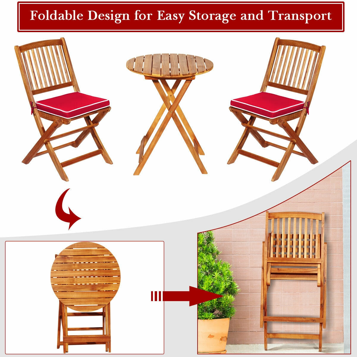 3 Pieces Patio Folding Wooden Bistro Set Cushioned Chair-Red (Scratch and Dent)