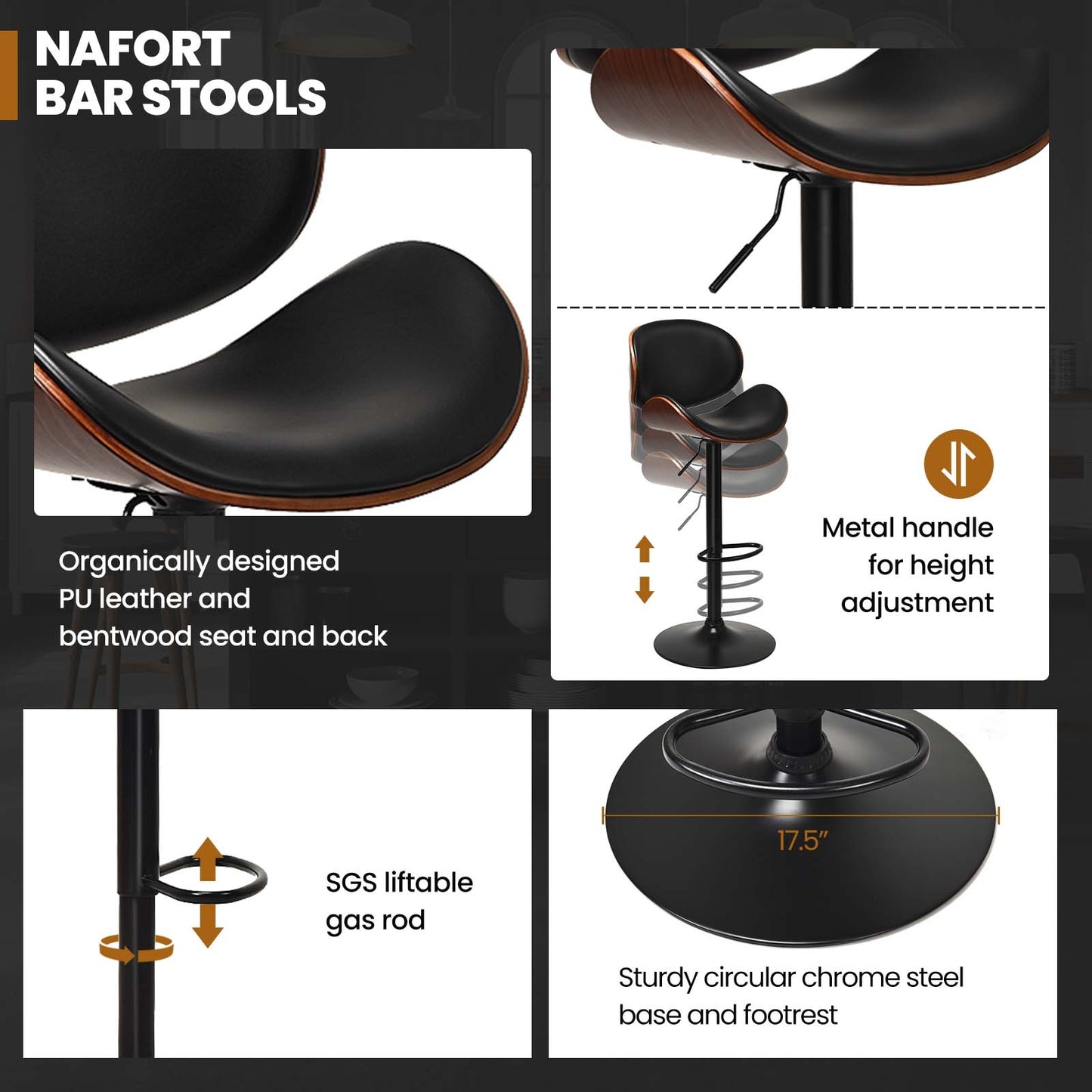 Set of 2 Adjustable Swivel PU Leather Bar Stools with Curved Footrest (Scratch and Dent)