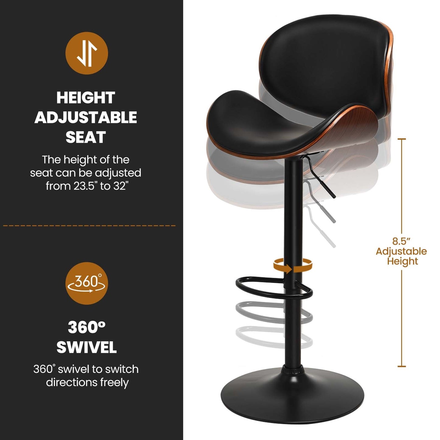 Set of 2 Adjustable Swivel PU Leather Bar Stools with Curved Footrest (Scratch and Dent)