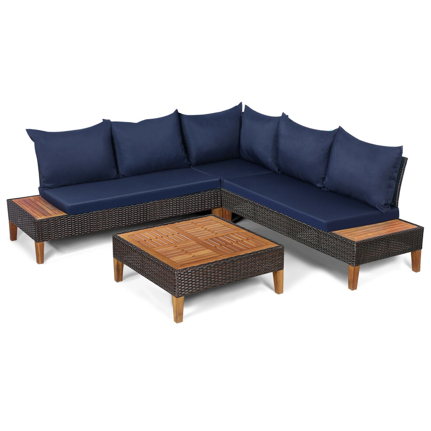 3 Pieces Patio Cushioned Rattan Furniture Set -Navy (Mismatched Table and One Cushion)