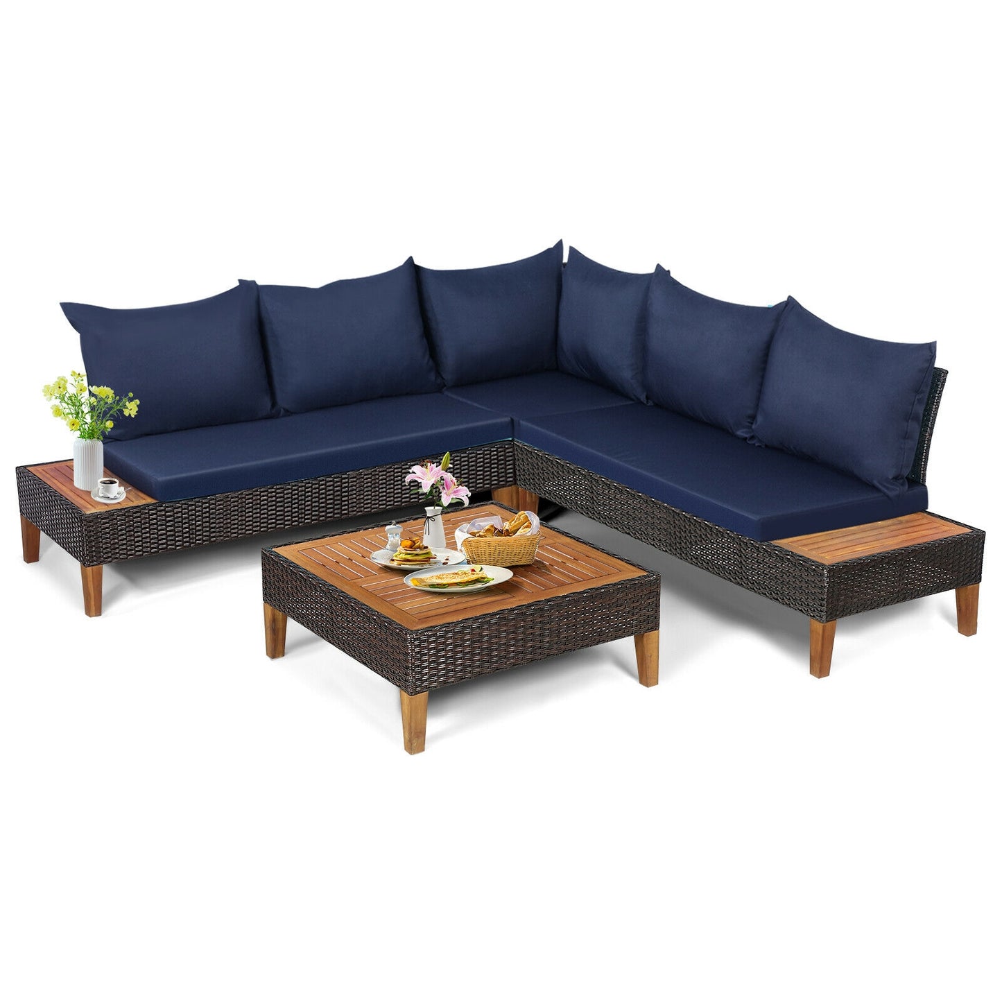 3 Pieces Patio Cushioned Rattan Furniture Set -Navy (Mismatched Table and One Cushion)