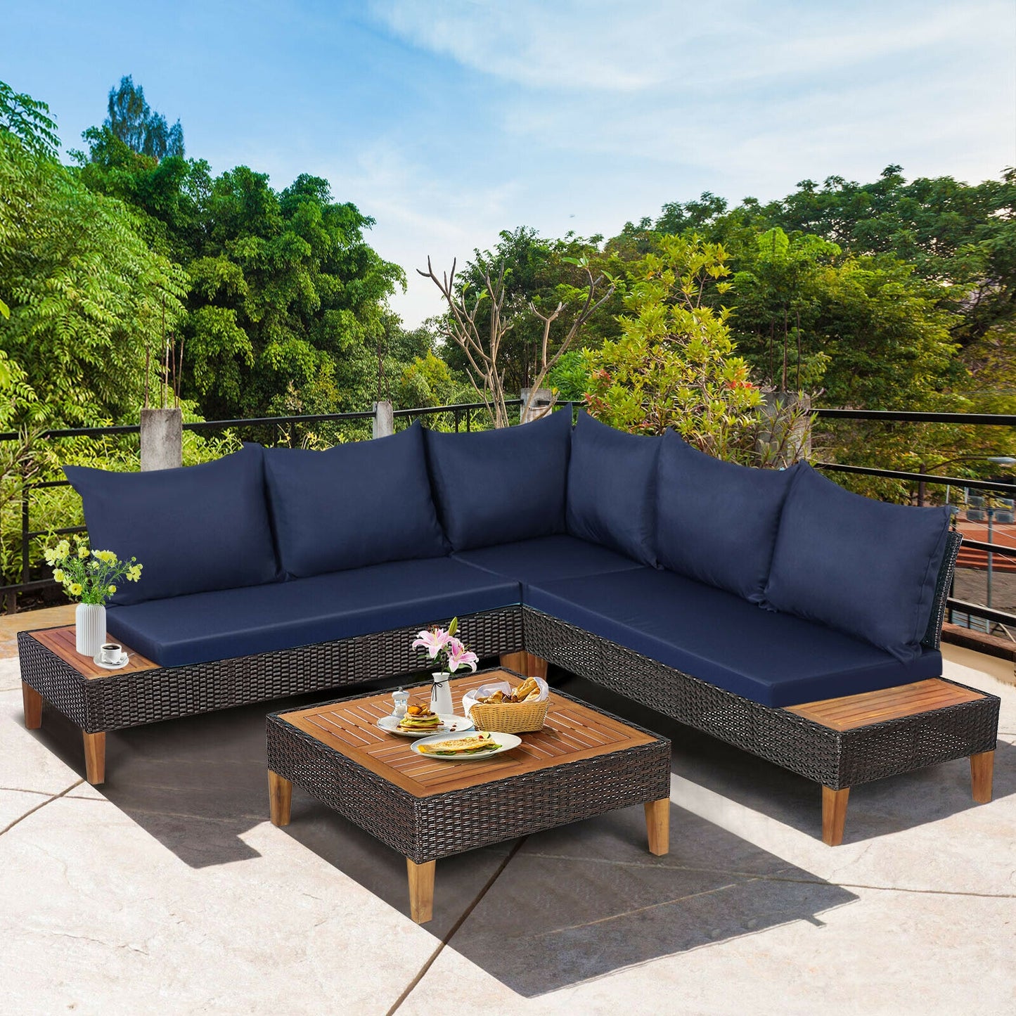 3 Pieces Patio Cushioned Rattan Furniture Set -Navy (Mismatched Table and One Cushion)