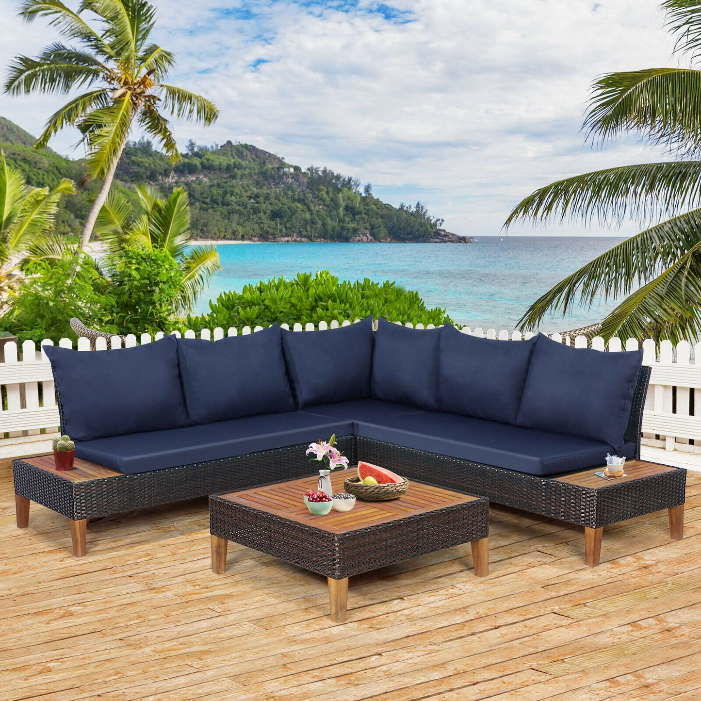 3 Pieces Patio Cushioned Rattan Furniture Set -Navy (Mismatched Table and One Cushion)