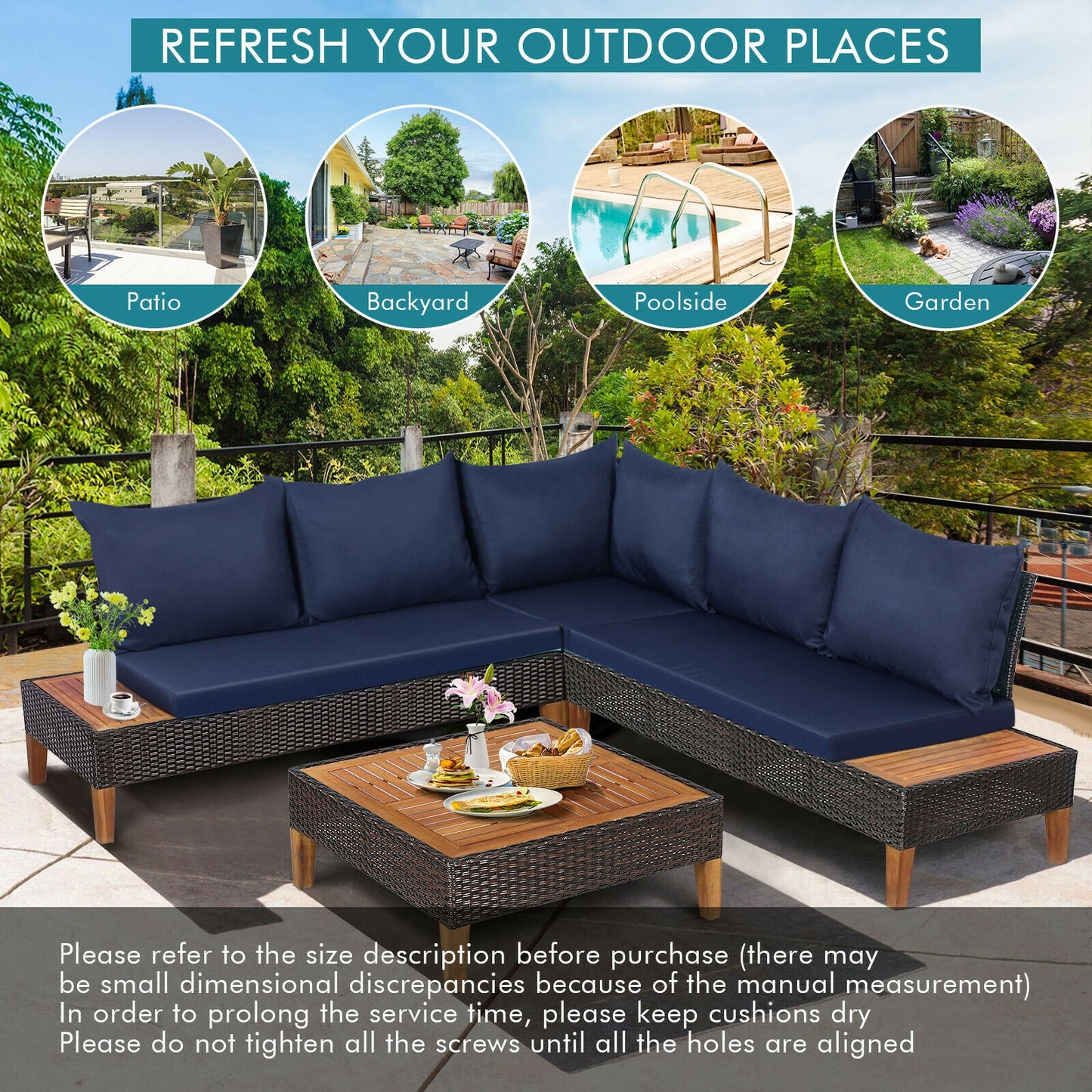 3 Pieces Patio Cushioned Rattan Furniture Set -Navy (Mismatched Table and One Cushion)