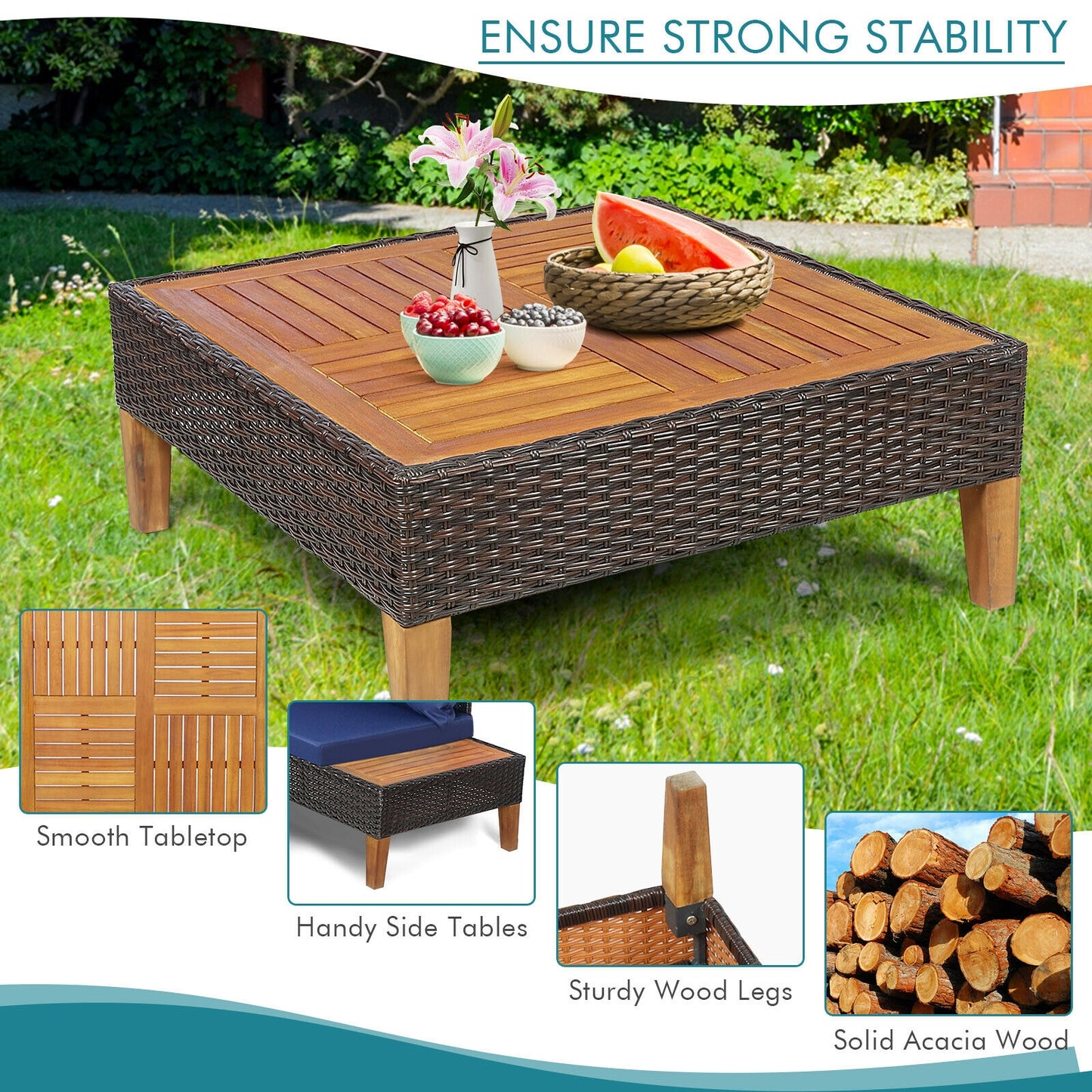 3 Pieces Patio Cushioned Rattan Furniture Set -Navy (Mismatched Table and One Cushion)