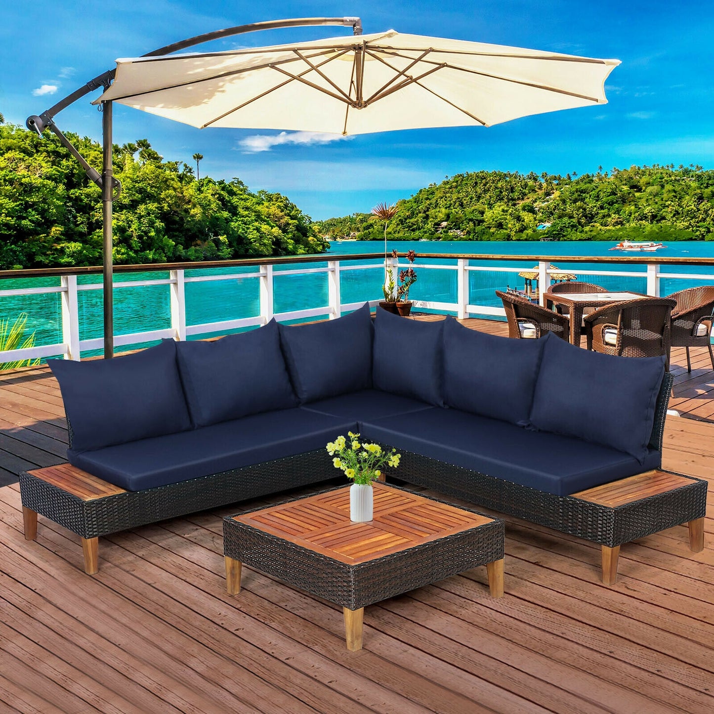 3 Pieces Patio Cushioned Rattan Furniture Set -Navy (Mismatched Table and One Cushion)