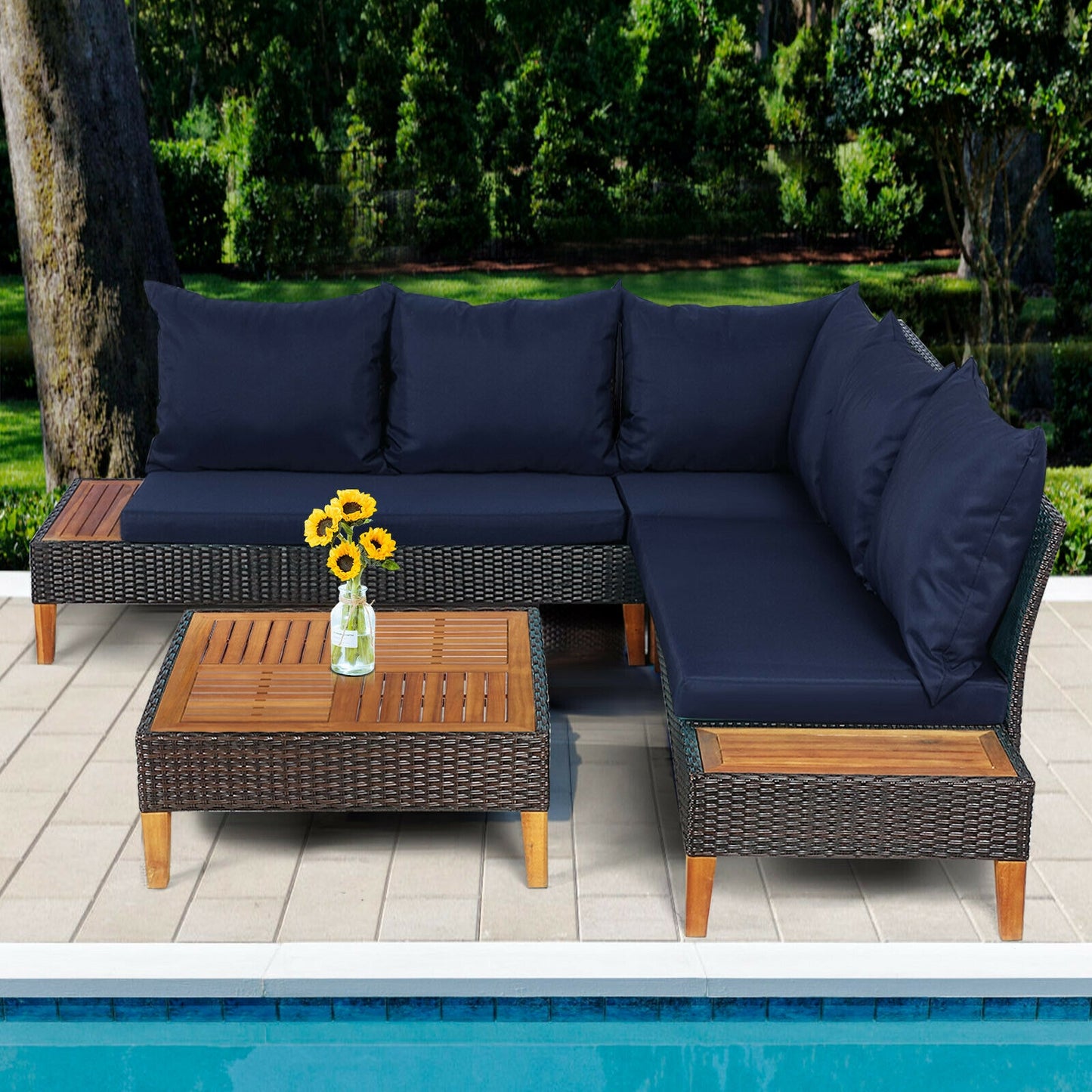 3 Pieces Patio Cushioned Rattan Furniture Set -Navy (Mismatched Table and One Cushion)