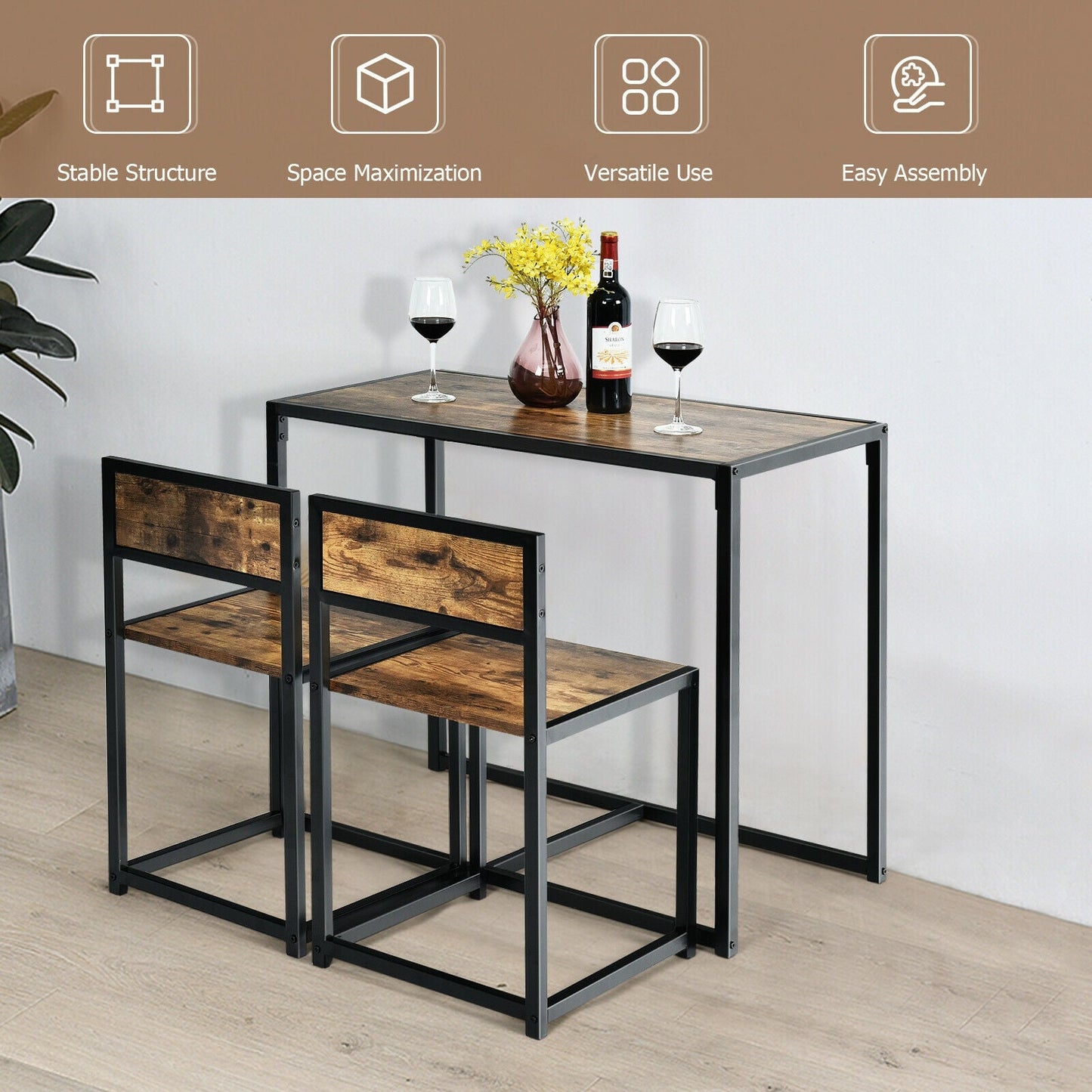 3 Pcs Dining Set Compact Table and 2 Chair with Metal Frame for for Small Space-Coffee