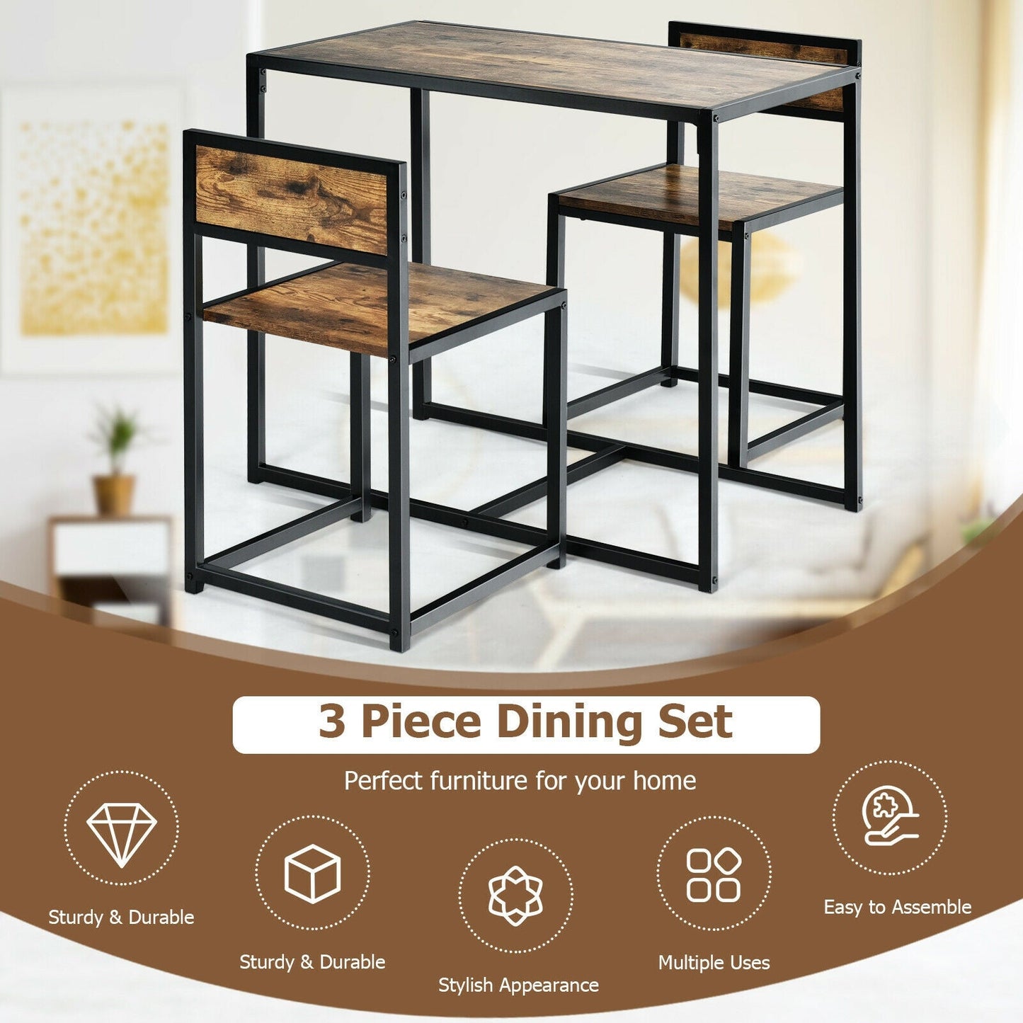 3 Pcs Dining Set Compact Table and 2 Chair with Metal Frame for for Small Space-Coffee