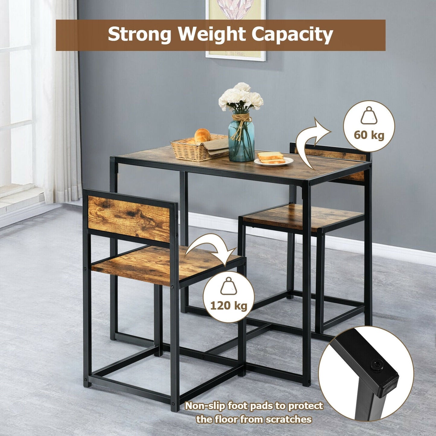 3 Pcs Dining Set Compact Table and 2 Chair with Metal Frame for for Small Space-Coffee