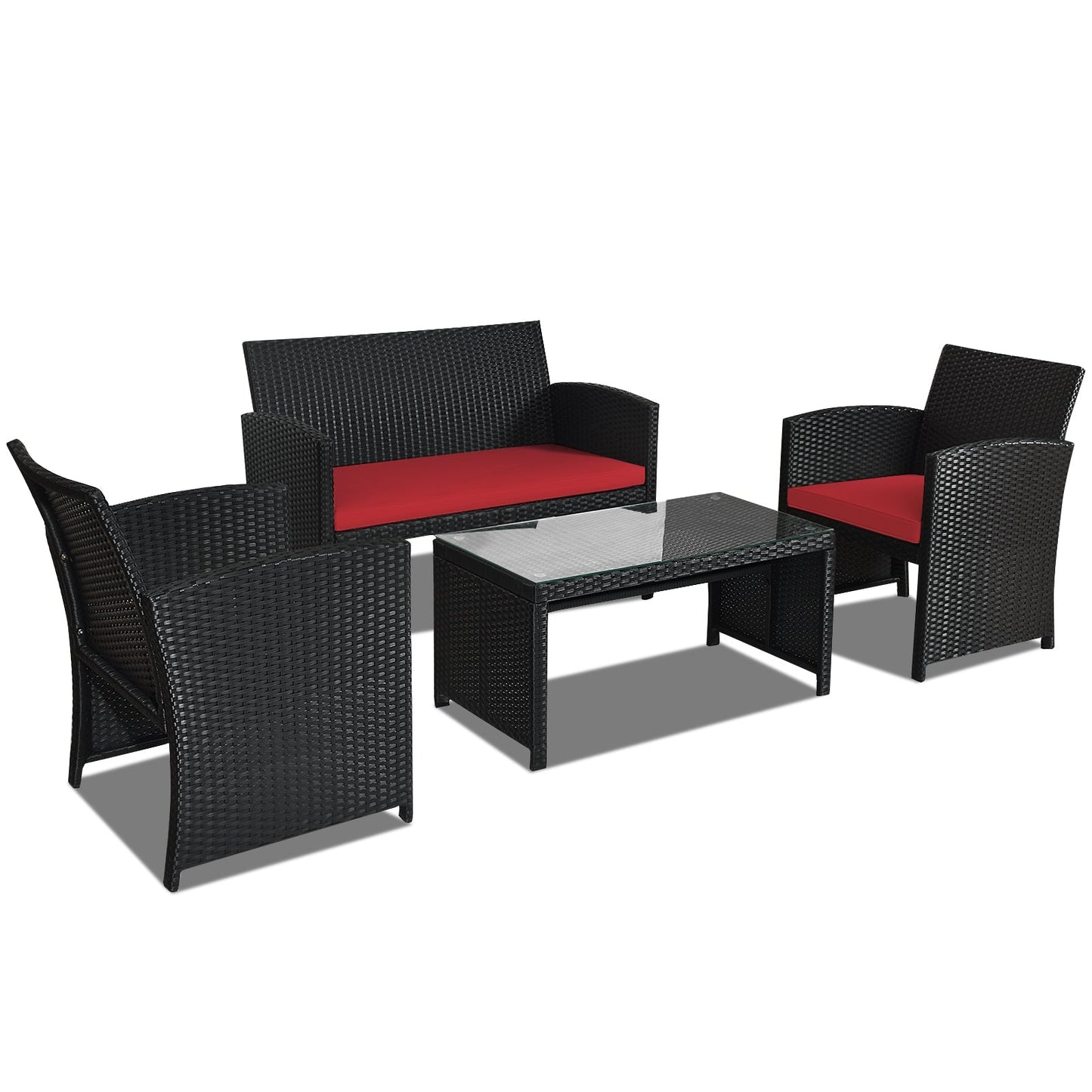 4 Pieces Rattan Patio Furniture Set with Tempered Glass Tabletop-Red - Unassembled