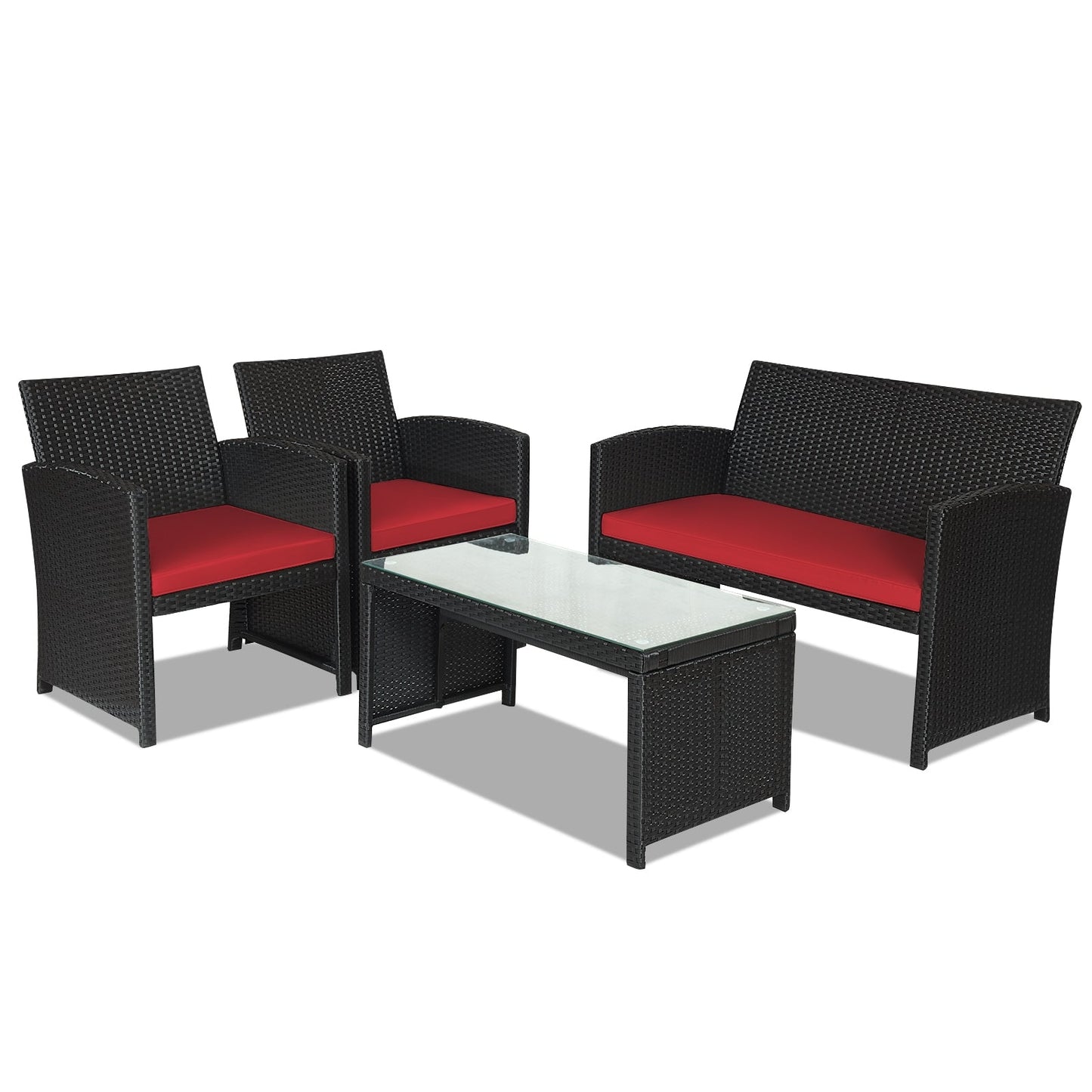 4 Pieces Rattan Patio Furniture Set with Tempered Glass Tabletop-Red fully assembled