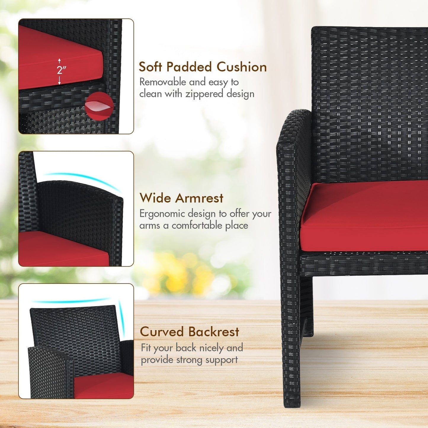 4 Pieces Rattan Patio Furniture Set with Tempered Glass Tabletop-Red fully assembled
