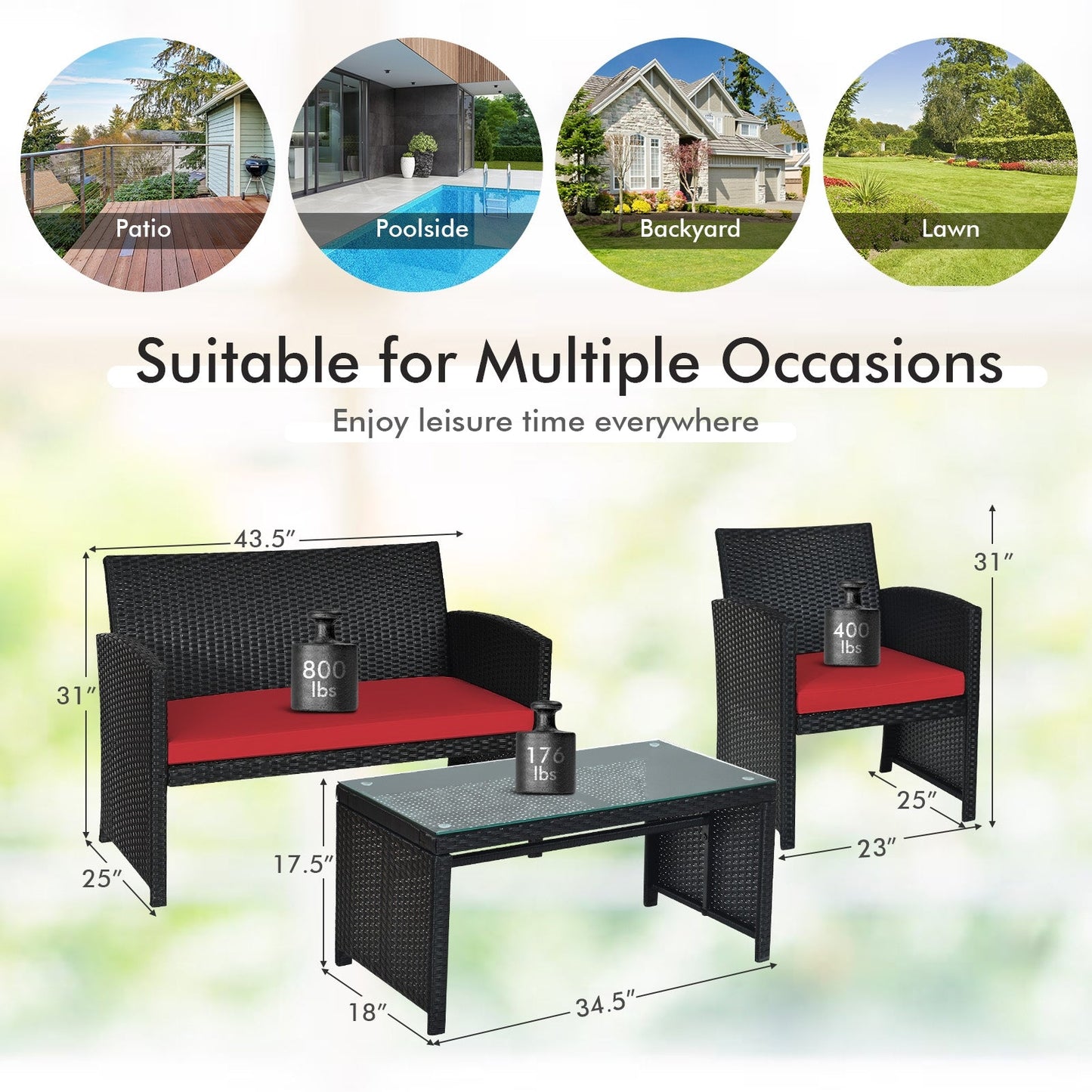 4 Pieces Rattan Patio Furniture Set with Tempered Glass Tabletop-Red - Unassembled