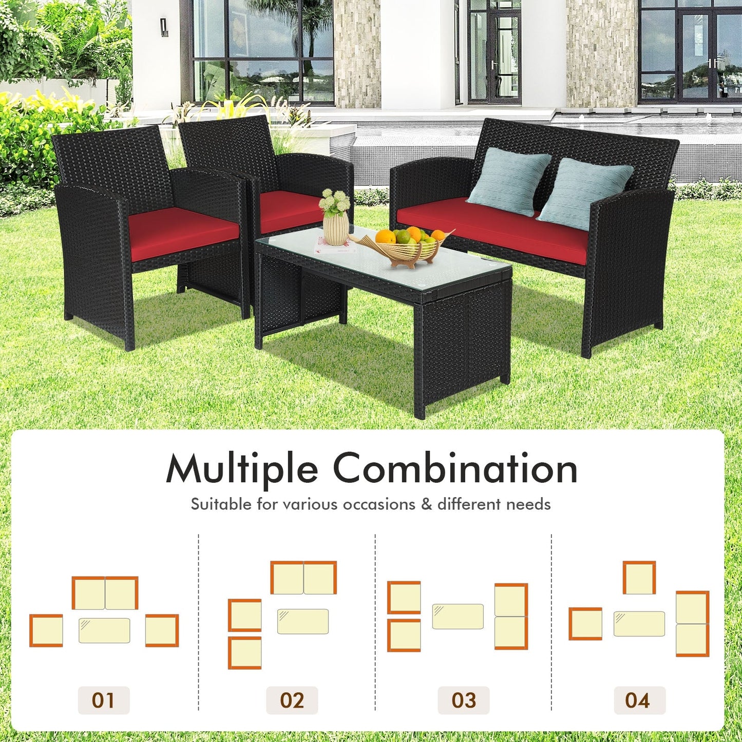 4 Pieces Rattan Patio Furniture Set with Tempered Glass Tabletop-Red - Unassembled