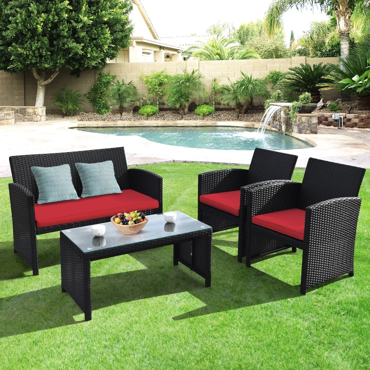 4 Pieces Rattan Patio Furniture Set with Tempered Glass Tabletop-Red fully assembled