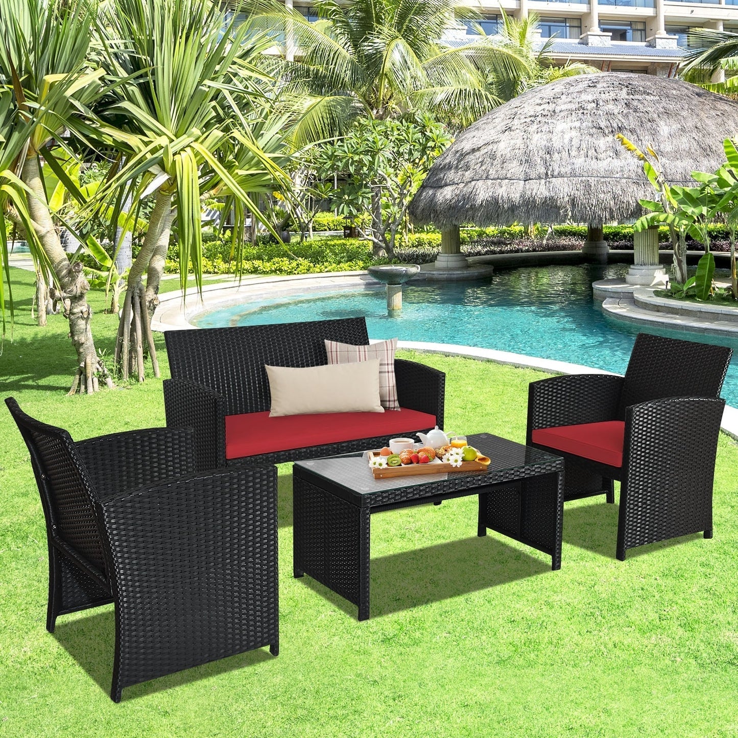 4 Pieces Rattan Patio Furniture Set with Tempered Glass Tabletop-Red fully assembled