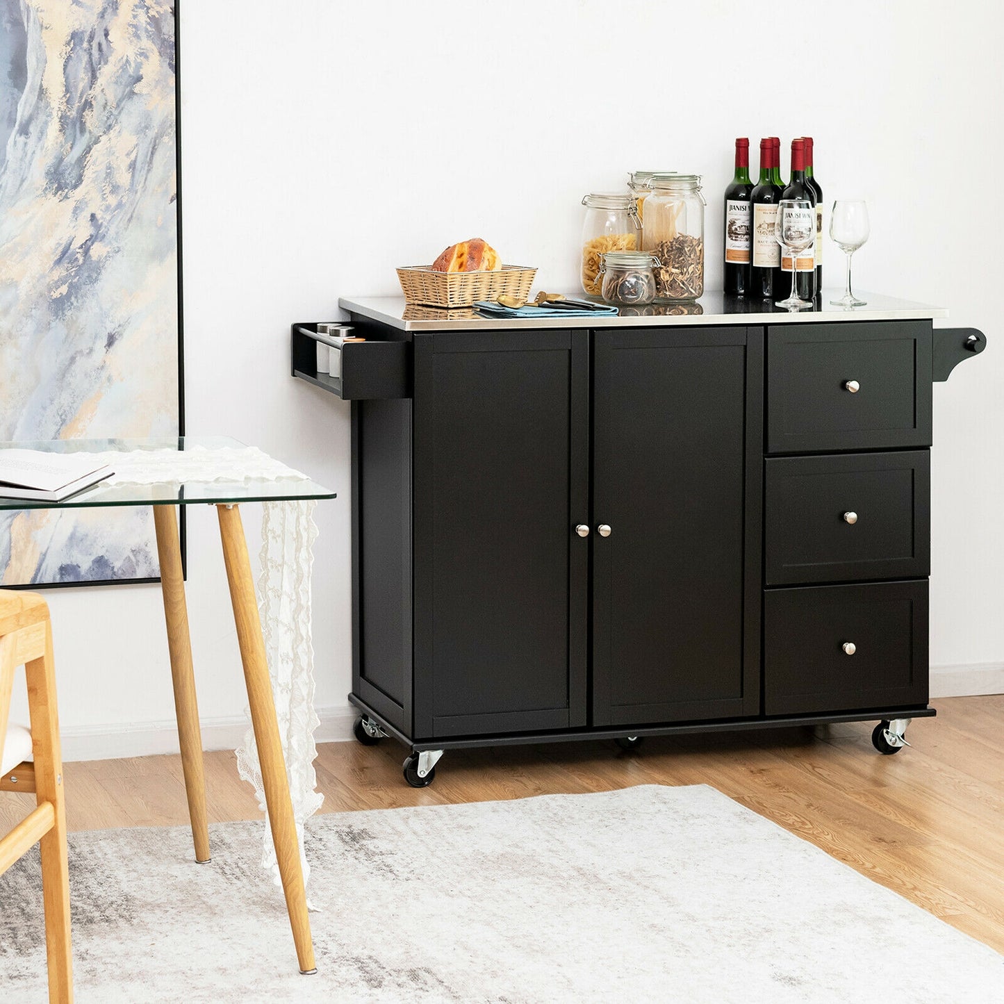 Kitchen Island 2-Door Storage Cabinet with Drawers and Stainless Steel Top-Black - Fully Assembled