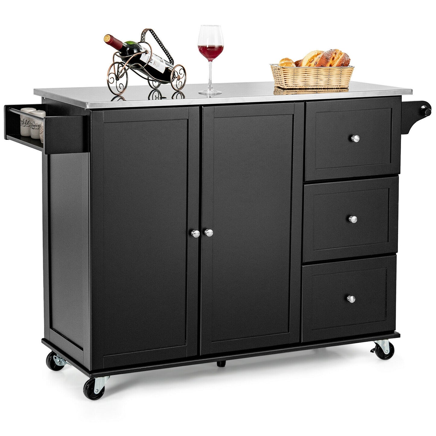 Kitchen Island 2-Door Storage Cabinet with Drawers and Stainless Steel Top-Black - Fully Assembled