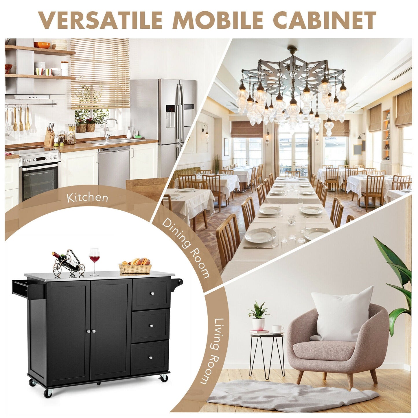 Kitchen Island 2-Door Storage Cabinet with Drawers and Stainless Steel Top-Black - Fully Assembled