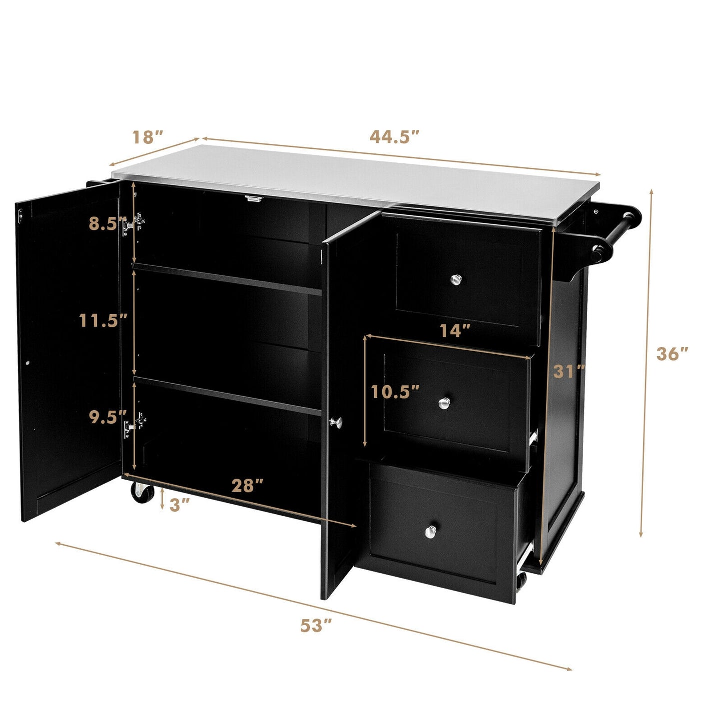 Kitchen Island 2-Door Storage Cabinet with Drawers and Stainless Steel Top-Black - Fully Assembled