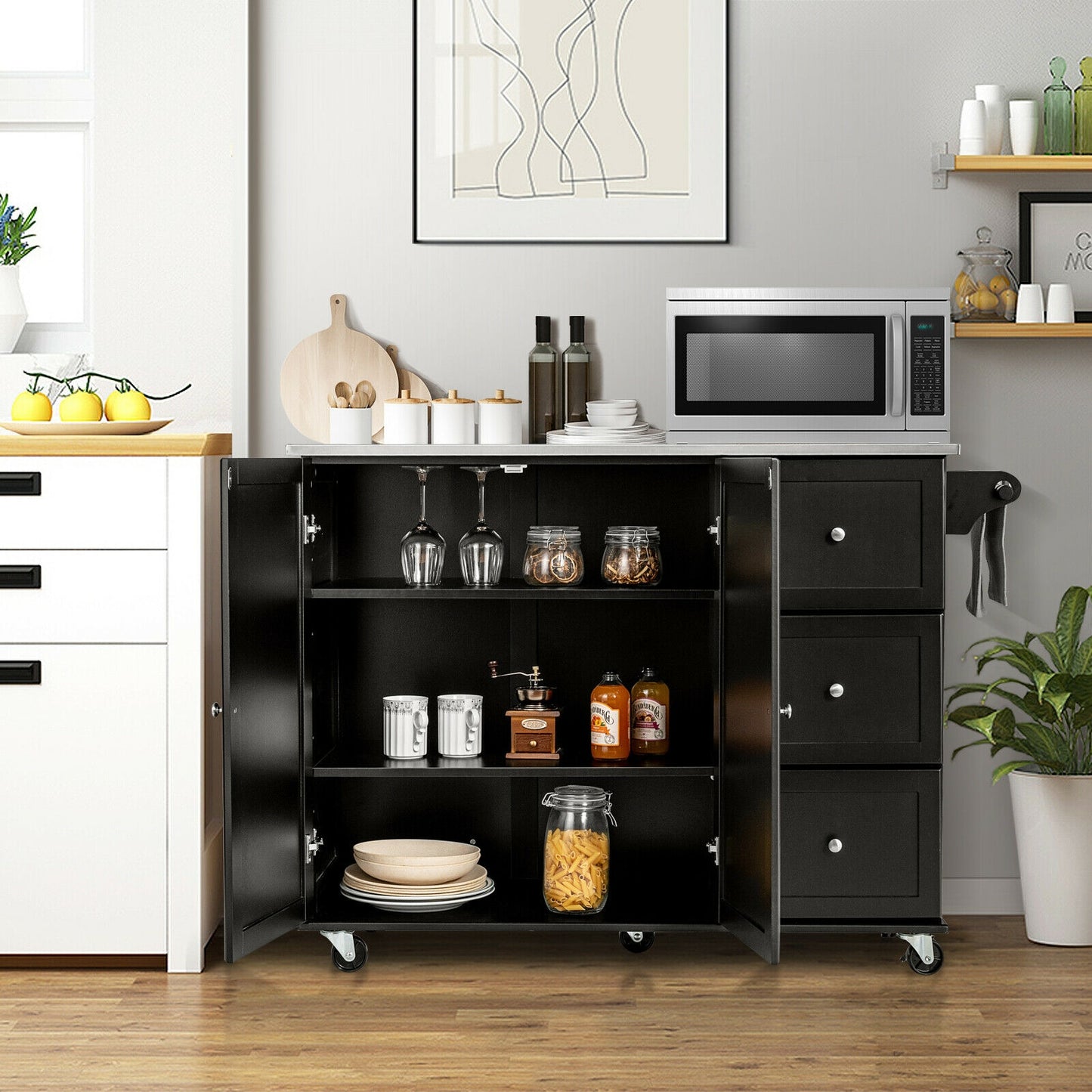 Kitchen Island 2-Door Storage Cabinet with Drawers and Stainless Steel Top-Black - Fully Assembled