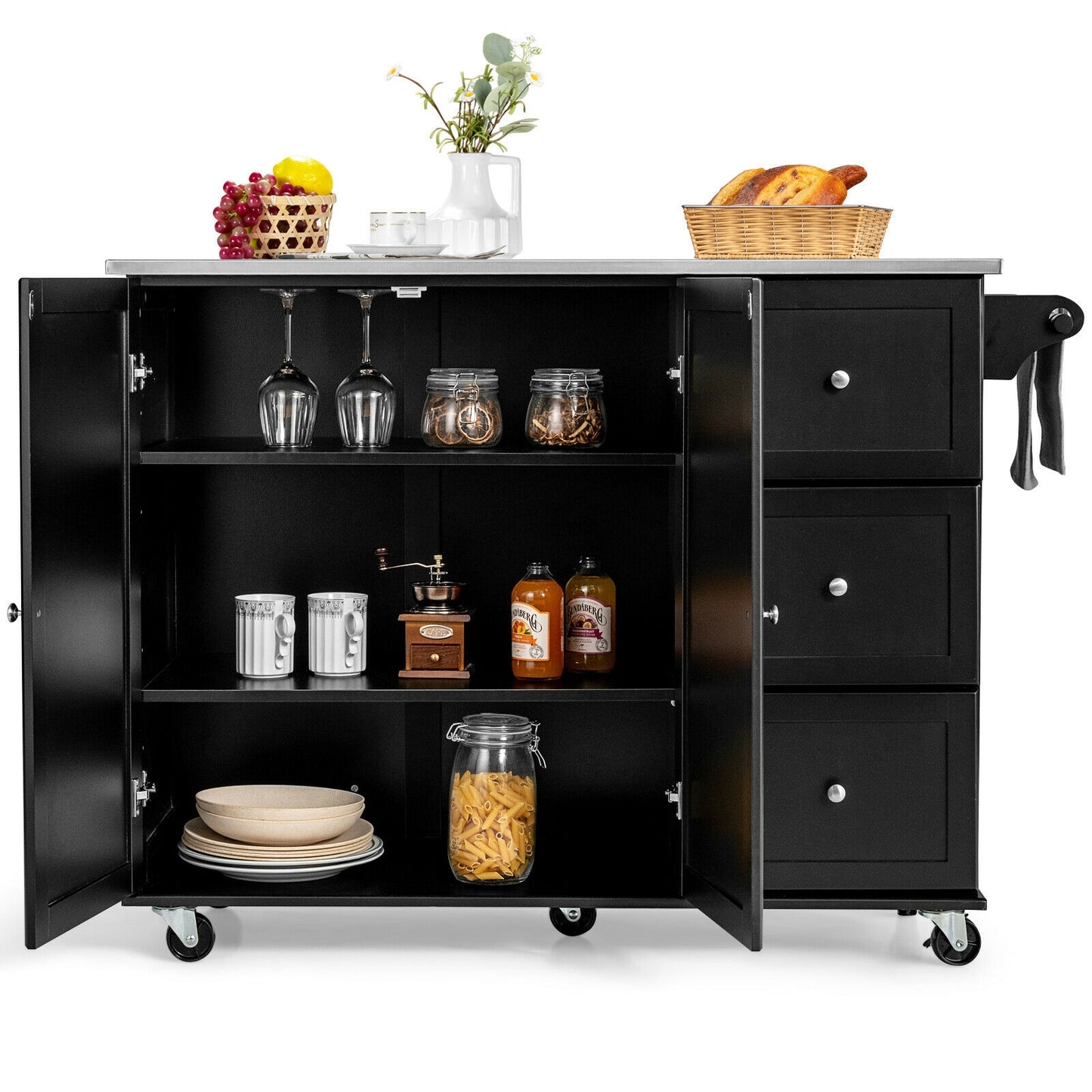 Kitchen Island 2-Door Storage Cabinet with Drawers and Stainless Steel Top-Black - Fully Assembled