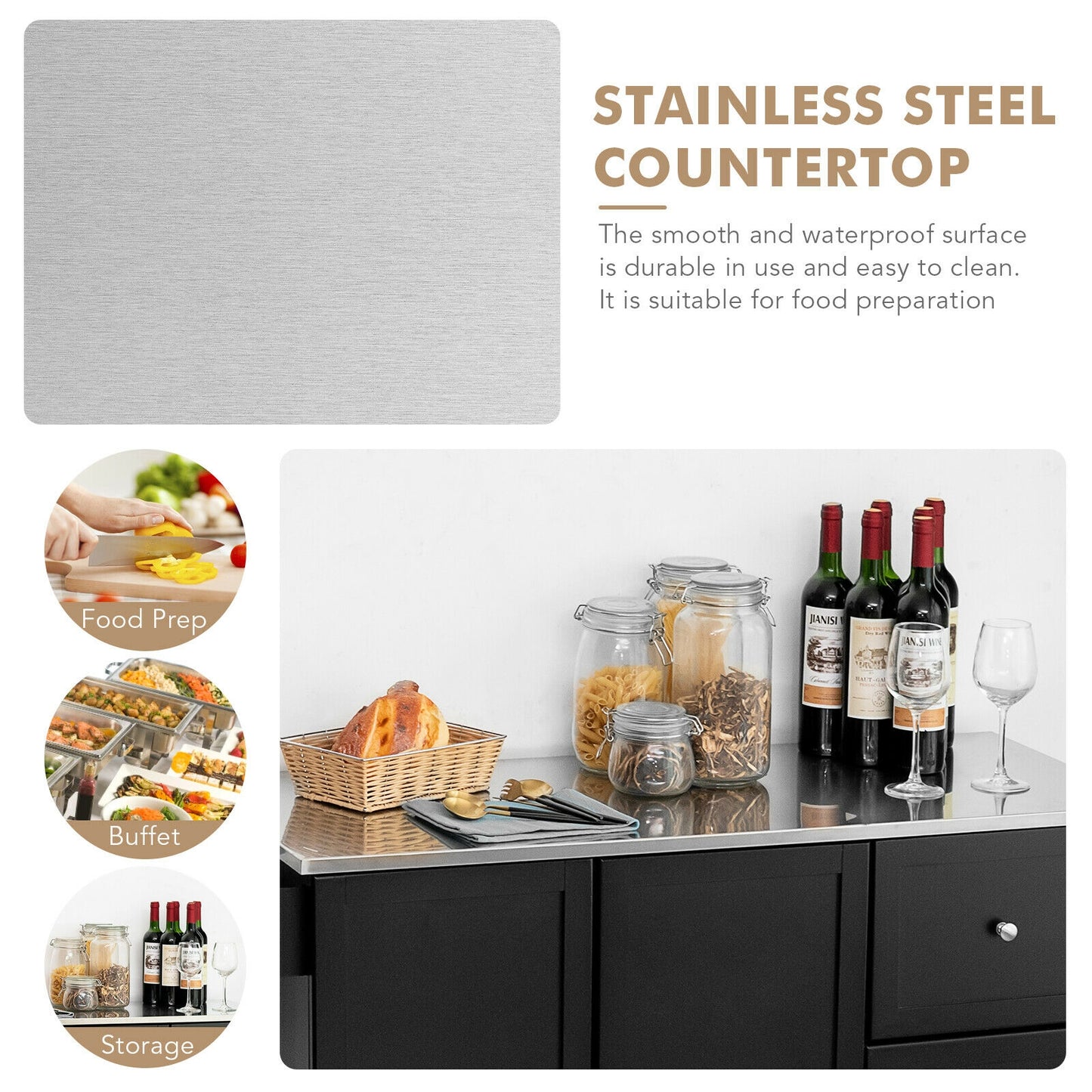 Kitchen Island 2-Door Storage Cabinet with Drawers and Stainless Steel Top-Black - Fully Assembled