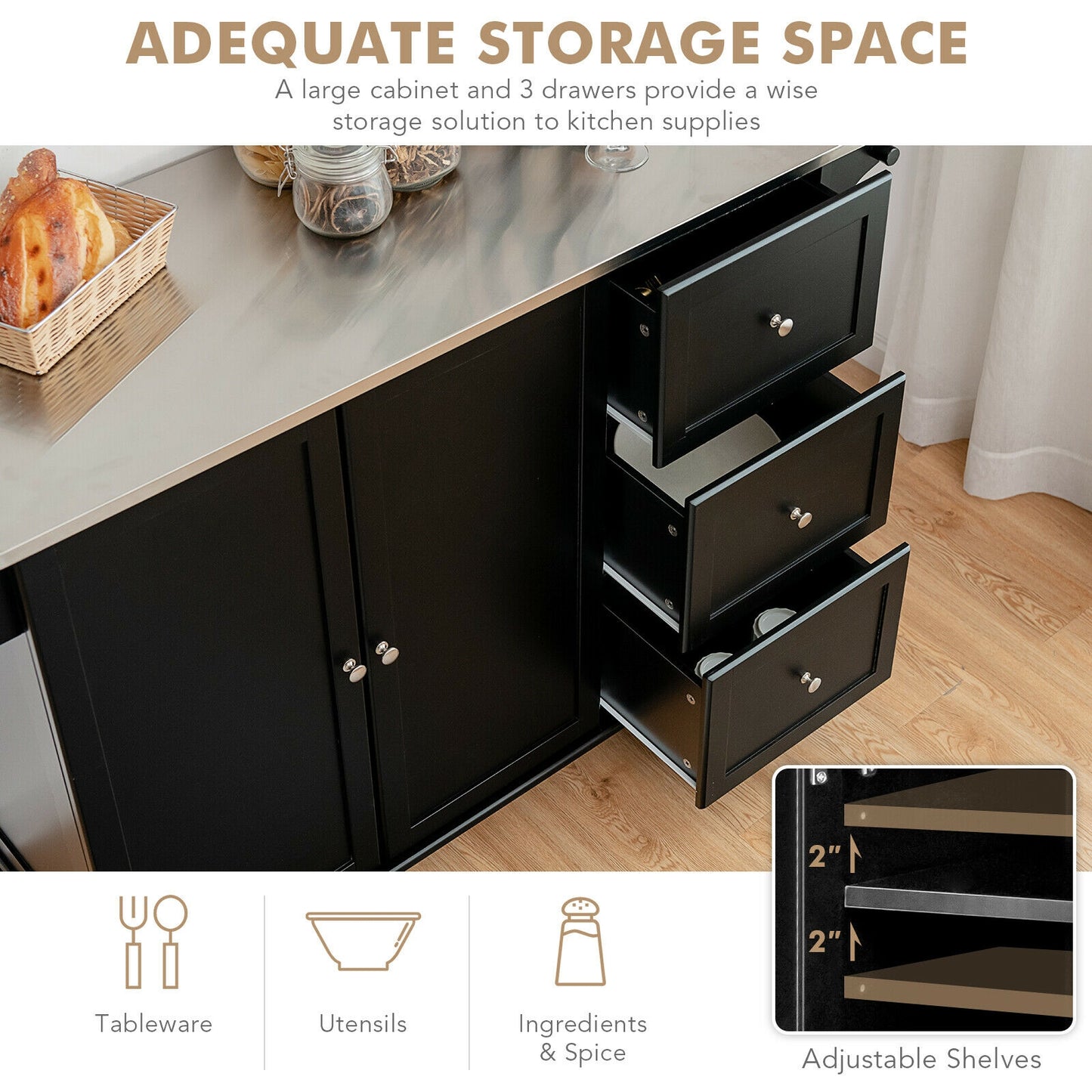 Kitchen Island 2-Door Storage Cabinet with Drawers and Stainless Steel Top-Black - Fully Assembled