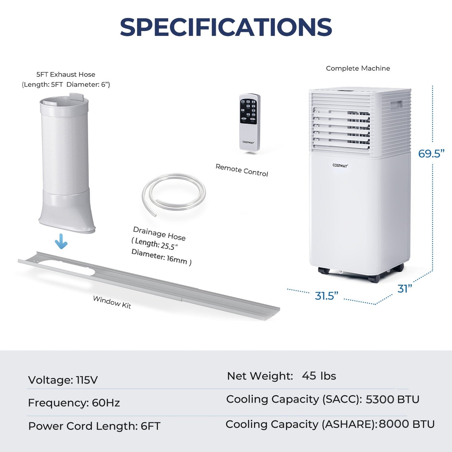 8000 BTU 3-in-1 Air Conditioner with Dehumidifier and Fan Mode-White