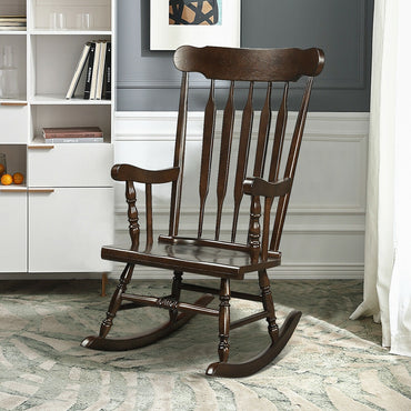 Solid Wood Porch Glossy Finish Rocking Chair- Dark Brown