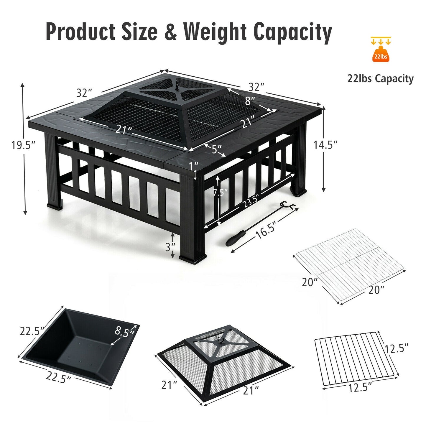 32 Inch 3 in 1 Outdoor Square Fire Pit Table with BBQ Grill  - Fully Assembled