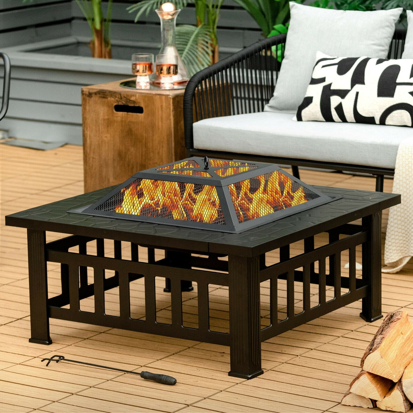 32 Inch 3 in 1 Outdoor Square Fire Pit Table with BBQ Grill  - Fully Assembled