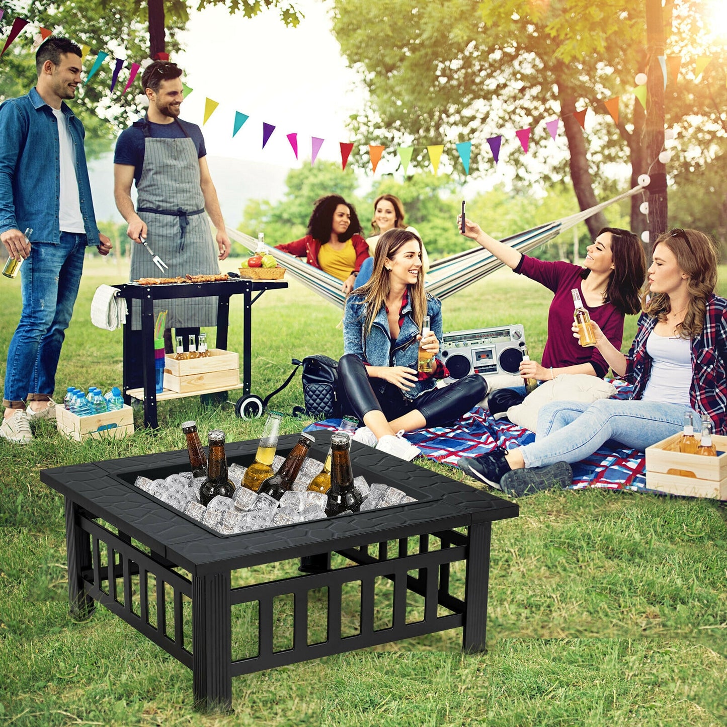 32 Inch 3 in 1 Outdoor Square Fire Pit Table with BBQ Grill  - Fully Assembled