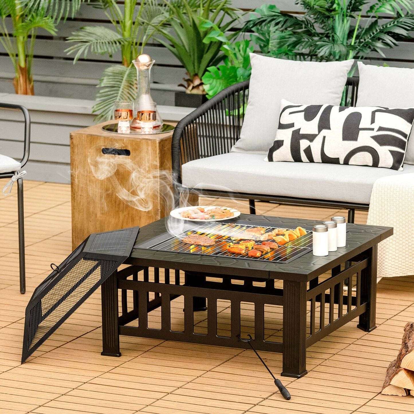 32 Inch 3 in 1 Outdoor Square Fire Pit Table with BBQ Grill  - Fully Assembled